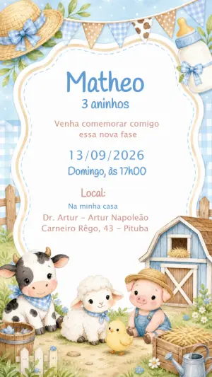 Convite Editável Aniversário Fazendinha Azul para Menino