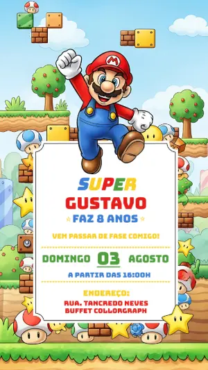 Convite Aniversário Super Mario com Personagens para Editar Online