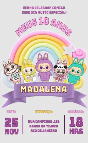 Convite Aniversário Bonecas Labubu para Editar Online