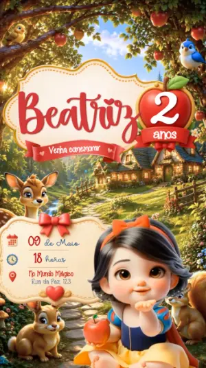 Convite Animado Branca de Neve Baby para Aniversário Editável