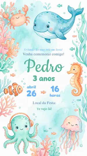 Convite de Aniversário Fundo do Mar Aquarela para Editar