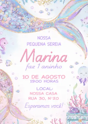 Convite de Aniversário Sereia Aquarela Editável para Menina