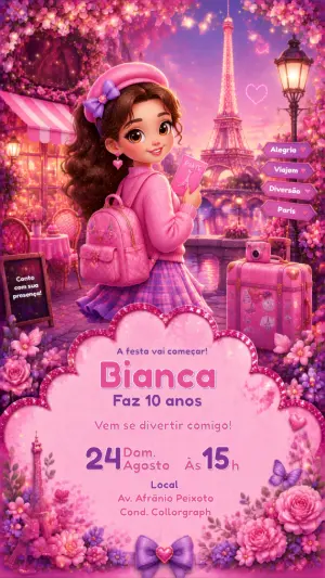 Convite de Aniversário Paris Rosa com Menina Editável