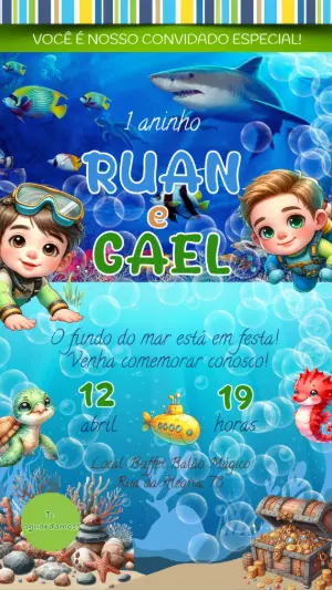 Convite Aniversário Duplo Fundo do Mar para Editar Online
