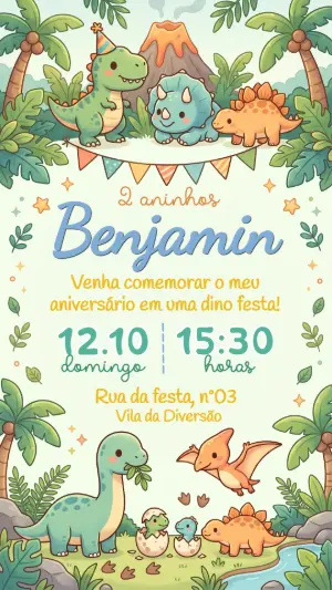 Convite de Aniversário Dinossauro Fofo Editável