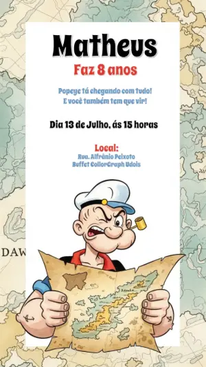 Convite de Aniversário Popeye Editável Online para Imprimir