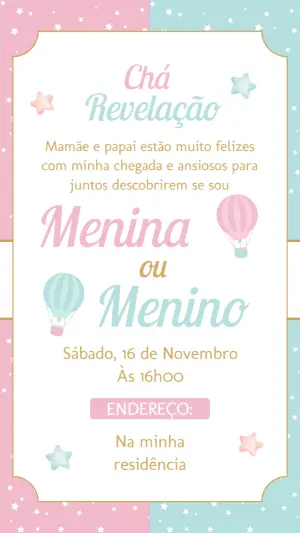 Convite Chá Revelação Balões Rosa e Azul para Editar Online