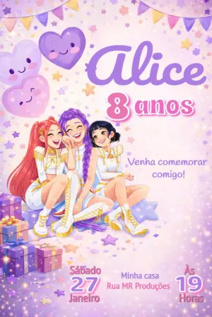 Convite de Aniversário Guerreiras do K-pop Roxo e Dourado para Editar