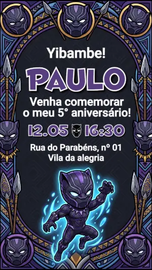 Convite de Aniversário Pantera Negra Chibi para Editar