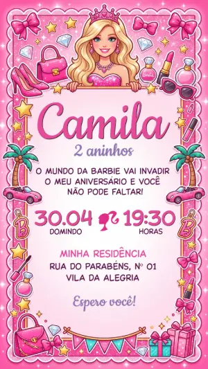 Convite de Aniversário Barbie Rosa Brilhante Editável