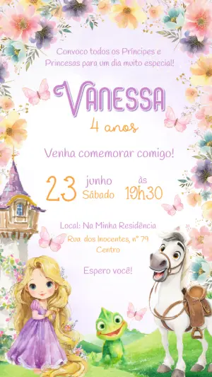 Convite de Aniversário Rapunzel Floral para Editar Online