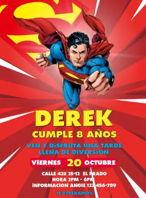 Invitación de Cumpleaños de Superman Estilo Cómic para Editar