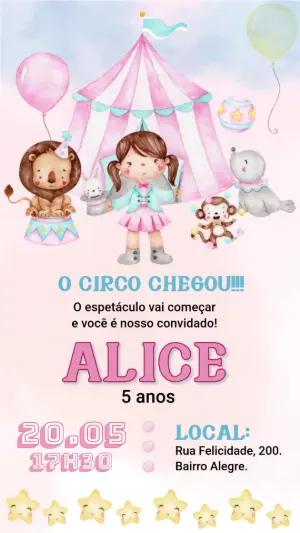 Convite Animado Aniversário Circo Aquarela para Editar Online