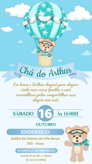 Convite Digital Chá de Bebê Ursinho Aviador Editável