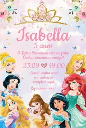 Convite Aniversário Princesas Disney com Personagens para Editar