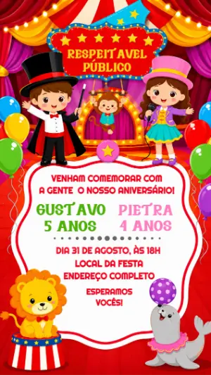 Convite Duplo Aniversário Circo Colorido para Editar