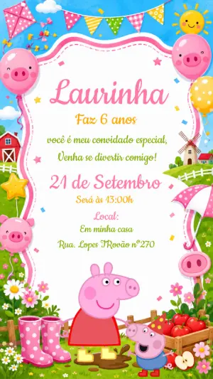 Convite de Aniversário Peppa Pig Infantil para Editar
