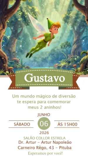 Convite de Aniversário Peter Pan na Floresta Mágica Editável