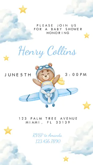 Teddy Bear Airplane Baby Shower Invitation | Editable Digital Template