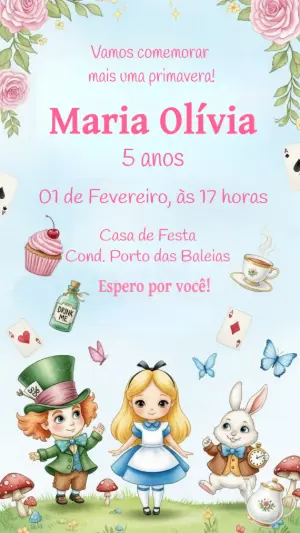 Convite Aniversário Alice no País das Maravilhas para Editar