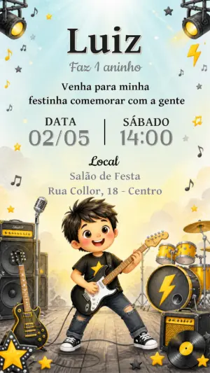 Convite Digital Aniversário Infantil Tema Rock para Editar