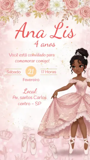 Convite de Aniversário Bailarina Princesa Rosa para Editar