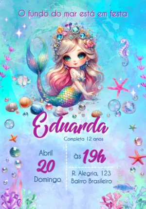 Convite de Aniversário Sereia Glamour Editável