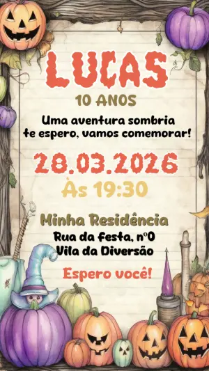 Convite de Aniversário Halloween Ilustrado para Editar
