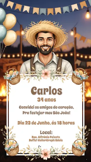 Convite de Aniversário São João com Foto Masculina para Editar