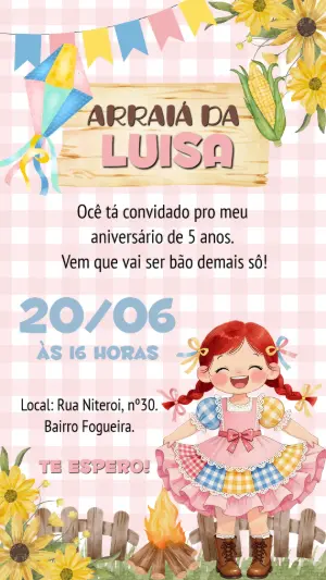 Convite de Aniversário Festa Junina Menina Ruiva Editável