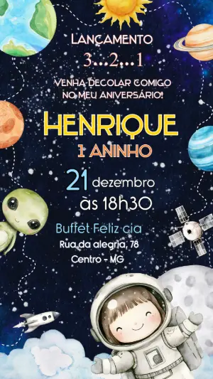 Convite de Aniversário Astronauta Infantil Aquarela para Editar