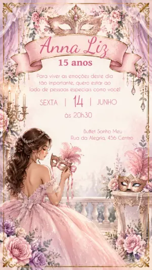 Convite 15 Anos Princesa Baile de Máscaras Editável