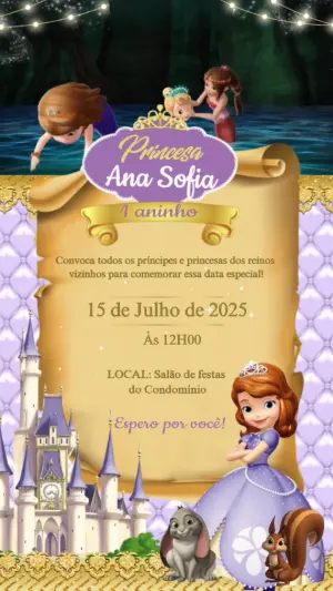 Convite Animado Aniversário Princesa Sofia para Editar Online