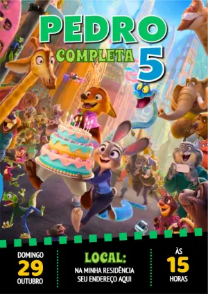 Convite de Aniversário Zootopia Colorido para Editar