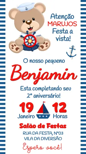Convite de Aniversário Ursinho Marinheiro Editável