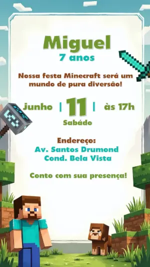 Convite de Aniversário Minecraft com Personagens para Editar