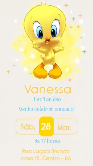 Convite Digital Aniversário Infantil Tema Piu-Piu Editável