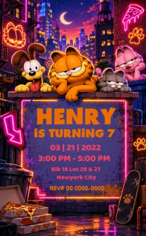 Garfield Neon City Birthday Invitation | Editable Template