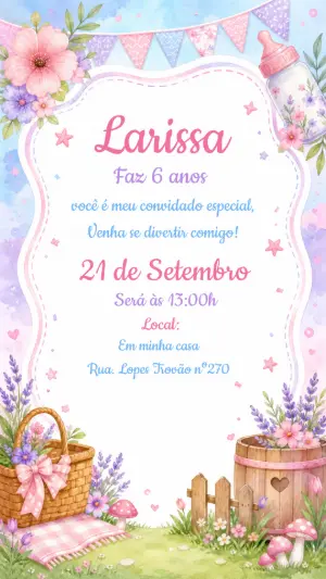 Convite de Aniversário Piquenique Aquarela Floral para Editar
