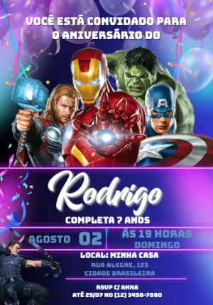 Convite de Aniversário Vingadores Super-Heróis para Editar