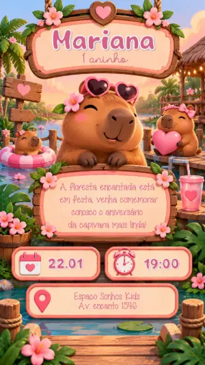 Convite de Aniversário Capivara Floresta Encantada Editável