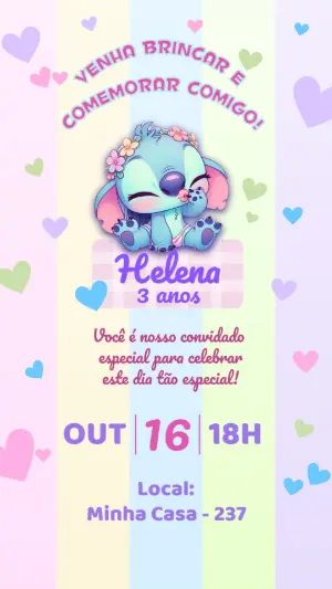 Convite de Aniversário Stitch Fofinho Tons Pastel Editável