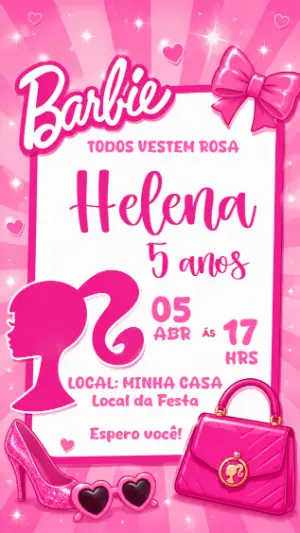 Convite de Aniversário Barbie Rosa Brilhante para Editar