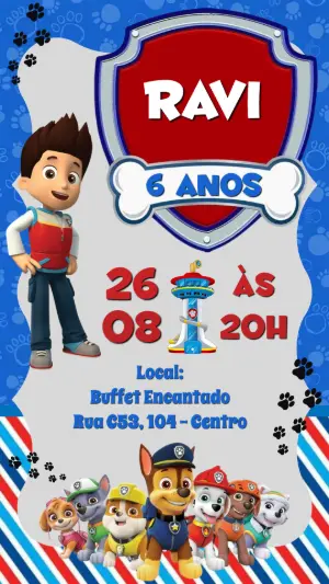 Convite Digital Patrulha Canina para Aniversário Infantil Editável