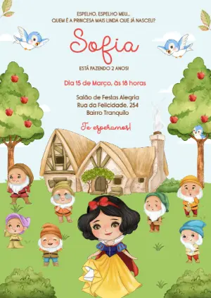 Convite de Aniversário Branca de Neve Aquarela Editável