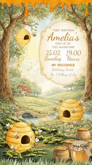 Whimsical Honey Bee First Birthday Editable Invitation