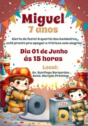 Convite de Aniversário Bombeiro Infantil Editável Online