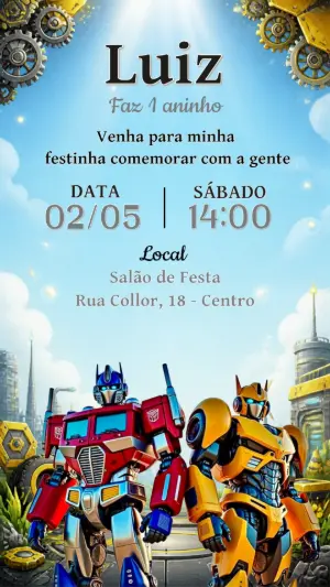 Convite de Aniversário Transformers: Modelo Digital Editável