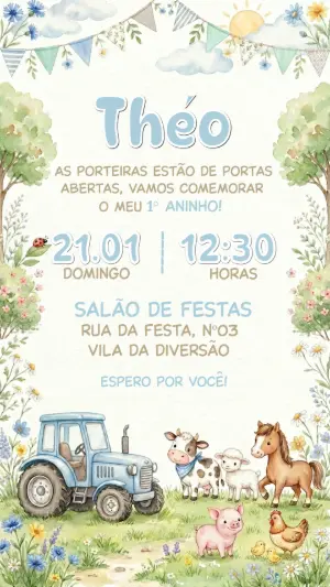 Convite Fazendinha Menino Aquarela Editável para Aniversário