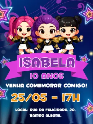 Convite Aniversário K-Pop com Guerreiras Cute para Editar